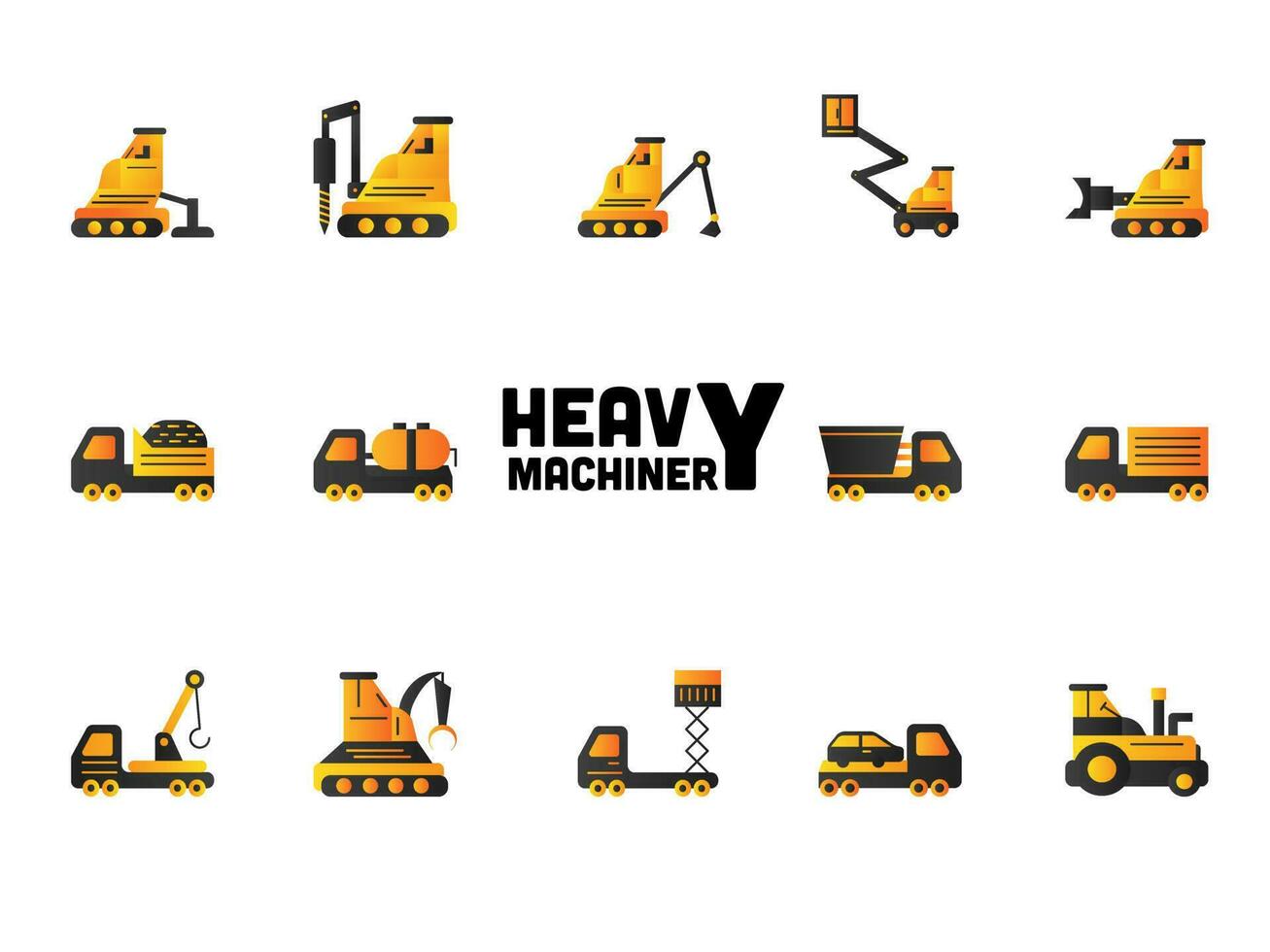 Set Of Heavy Machinery Icons In Gray And Yellow Color. vector