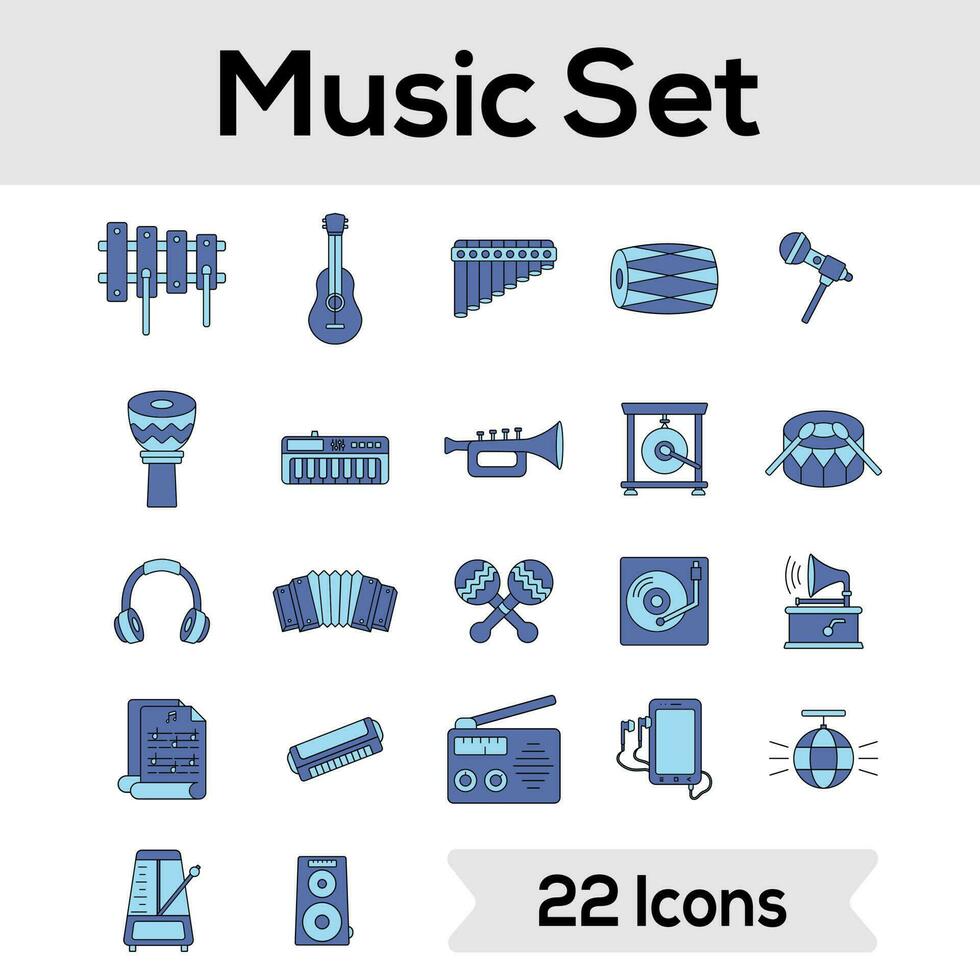 Vector Illustration Of Music Instrument Set In Blue Color.