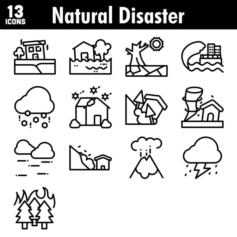 Isolated Illustration of Natural Disaster Icon Set in Line Art. vector