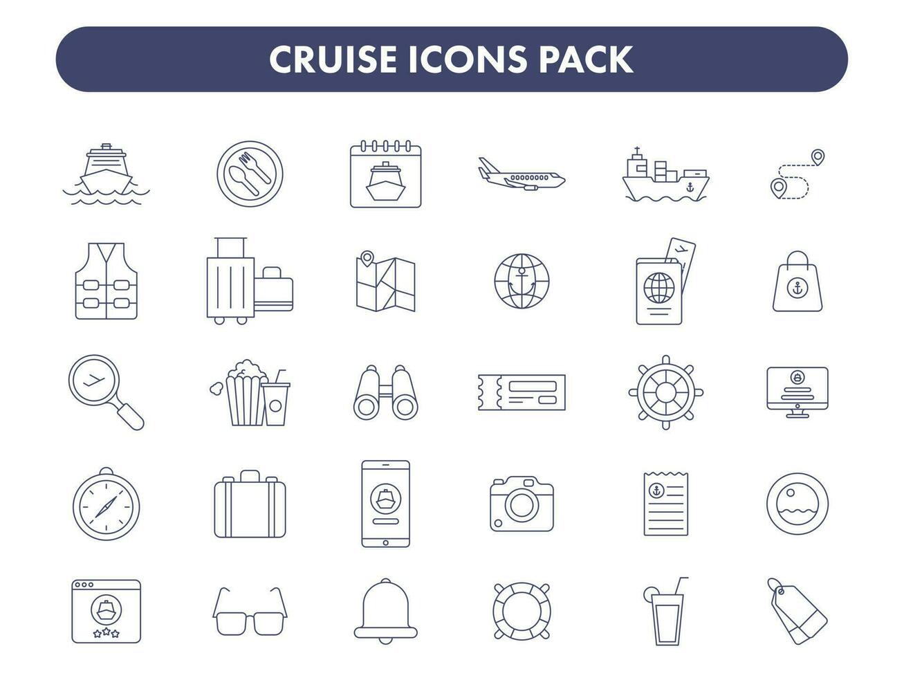 Cruise Icon Or Symbol Set In Blue Line Art On White Background. vector