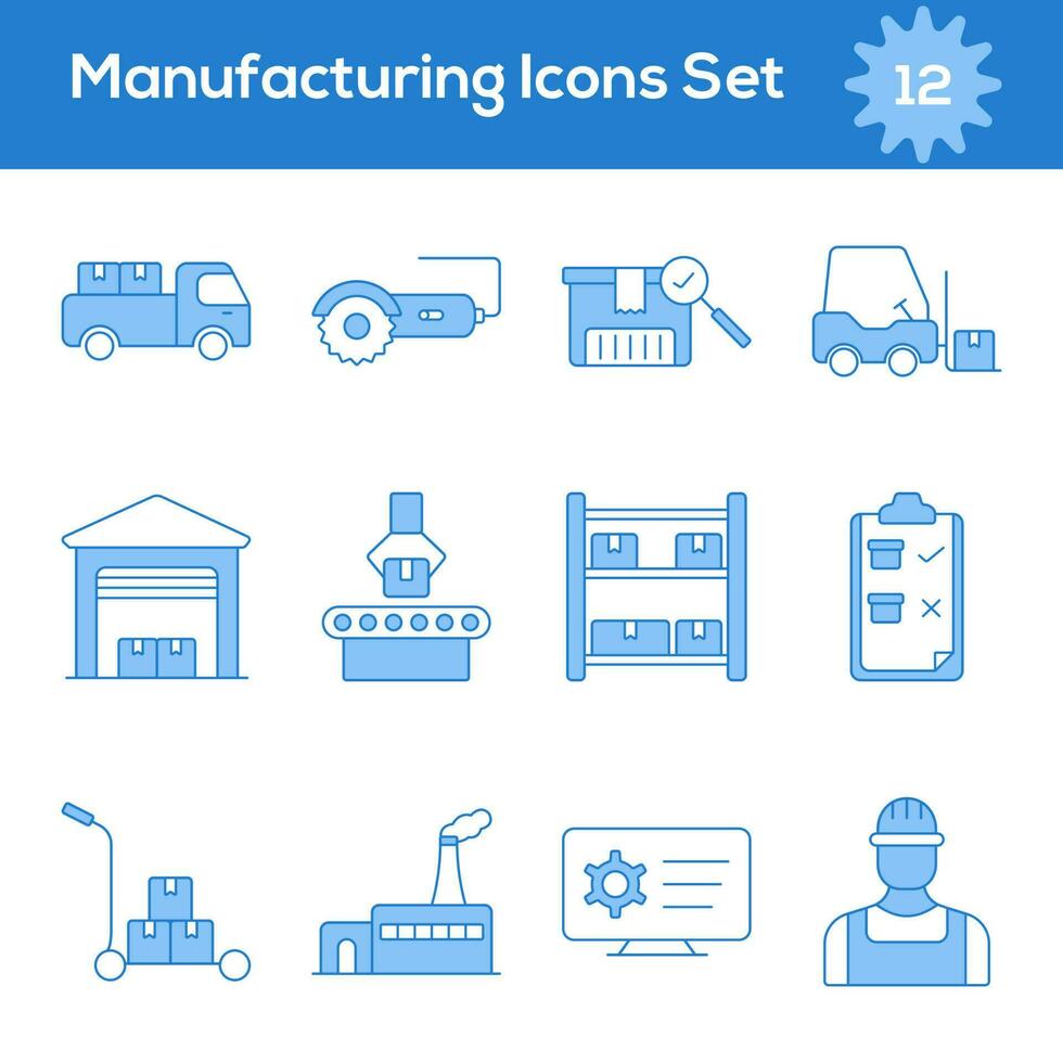 Blue And White Color Set of Manufacturing Icon In Flat Style. vector