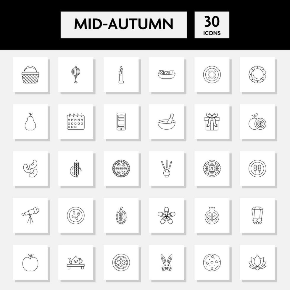 Black Outline Illustration Of Mid Autumn Sqaure Icon Set. vector