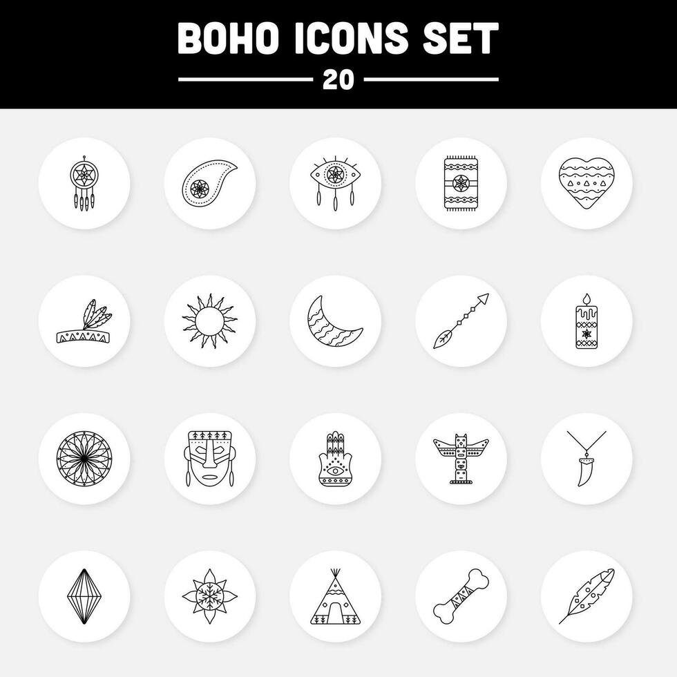 Black Line Art Boho Icon Set On White Circle Background. vector