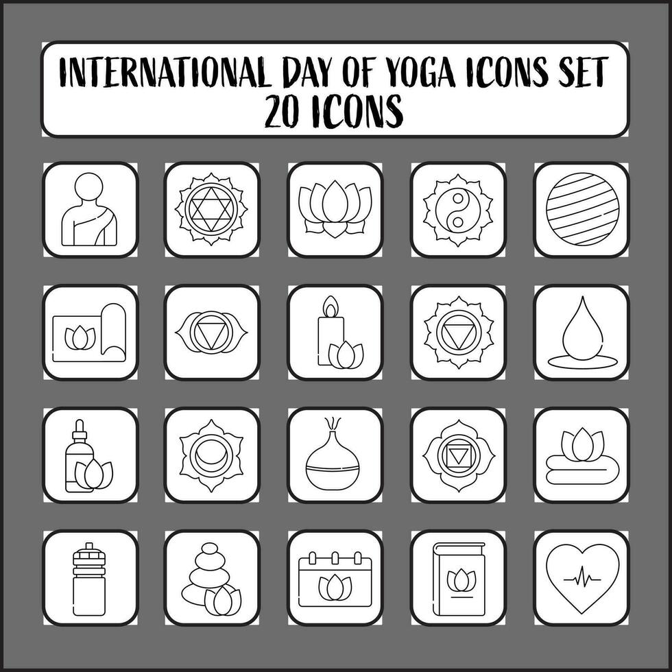 ilustración de internacional yoga día 20 icono conjunto en Delgado línea Arte. vector