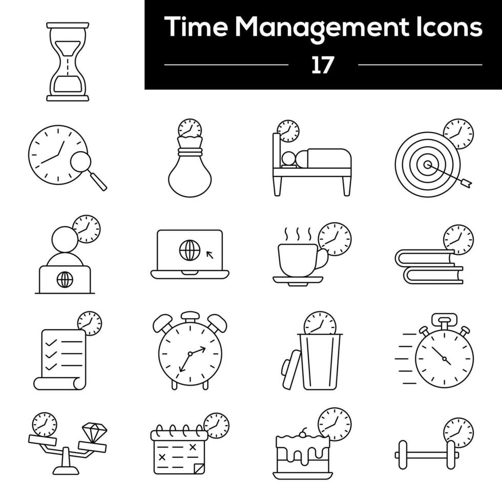 negro línea Arte conjunto de hora administración icono en plano estilo. vector