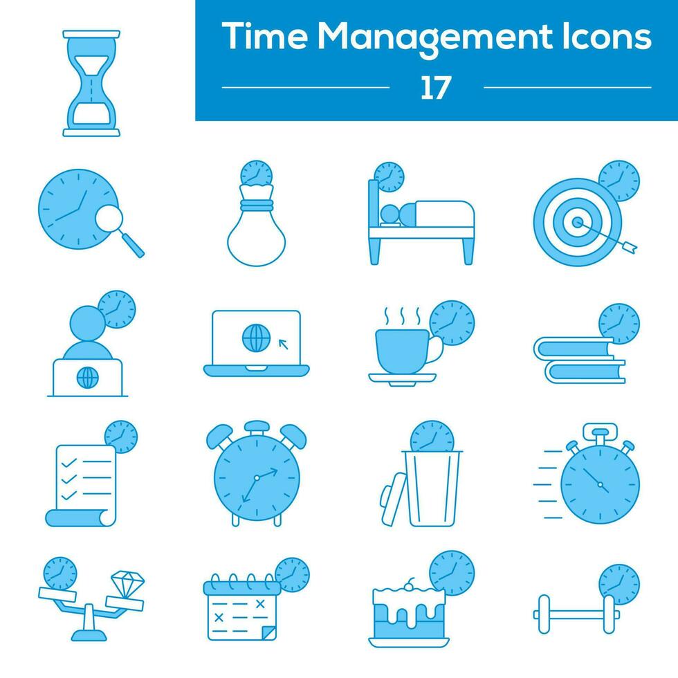 azul y blanco color conjunto de hora administración icono en plano estilo. vector