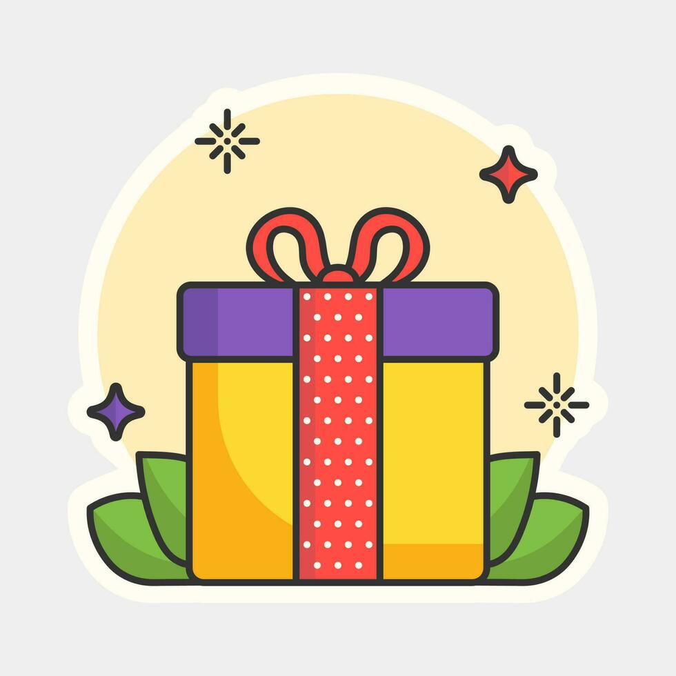 Illustration Of Beautiful Gift Box Wrapping With Bow Ribbon In Sticker Style On White Background. vector