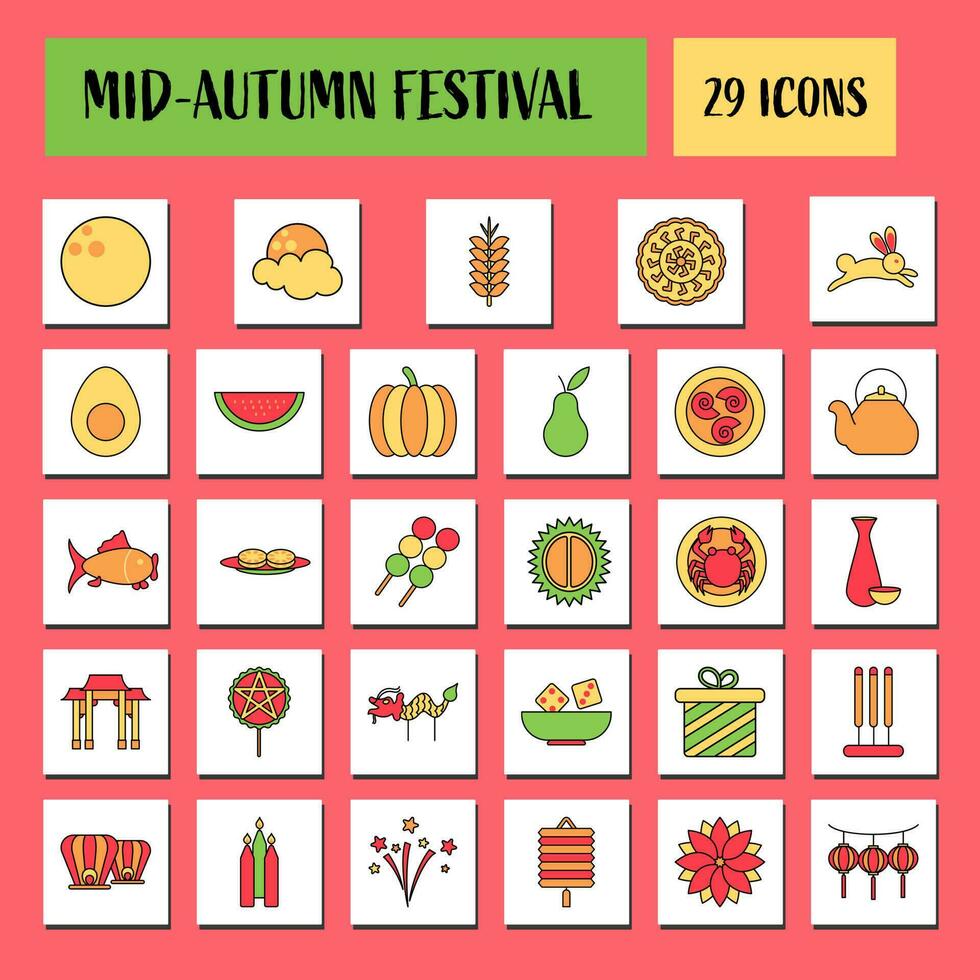 Flat 29 Mid Autumn Festival Square Icon Set Over Pink Background. vector