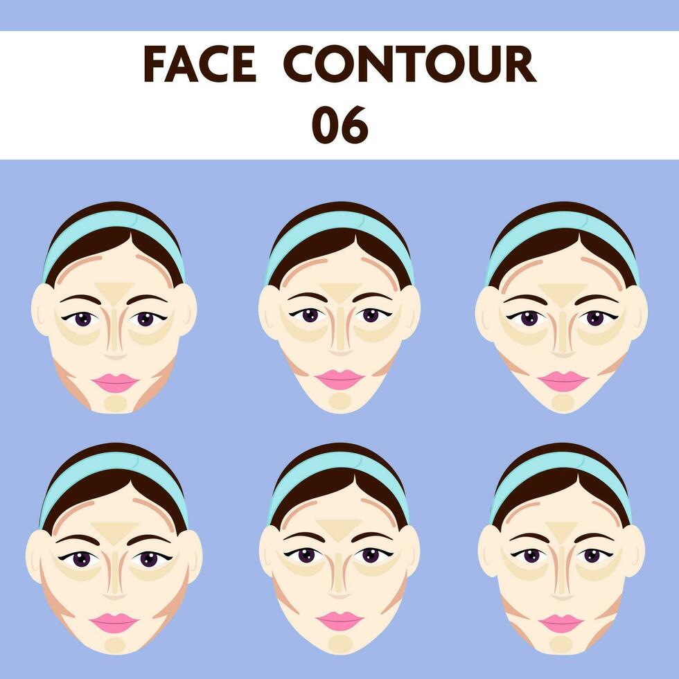 Contour According To Female Face Shape 06 Icons Set On Blue Background. vector