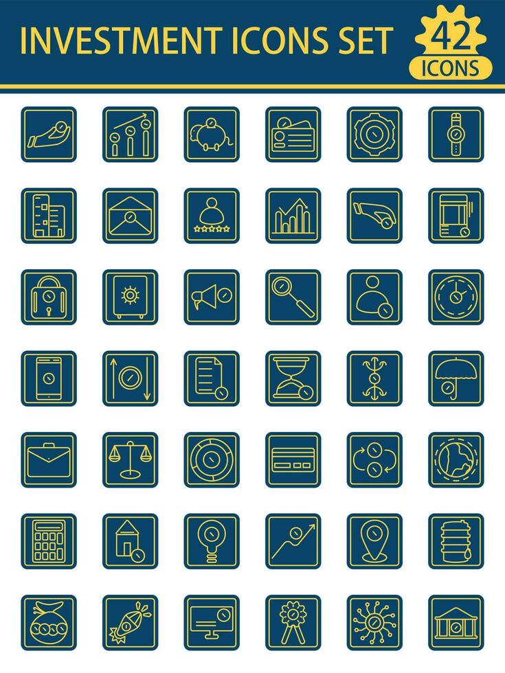 Set Of Yellow Linear Style Investment Icons On Blue Square Background. vector