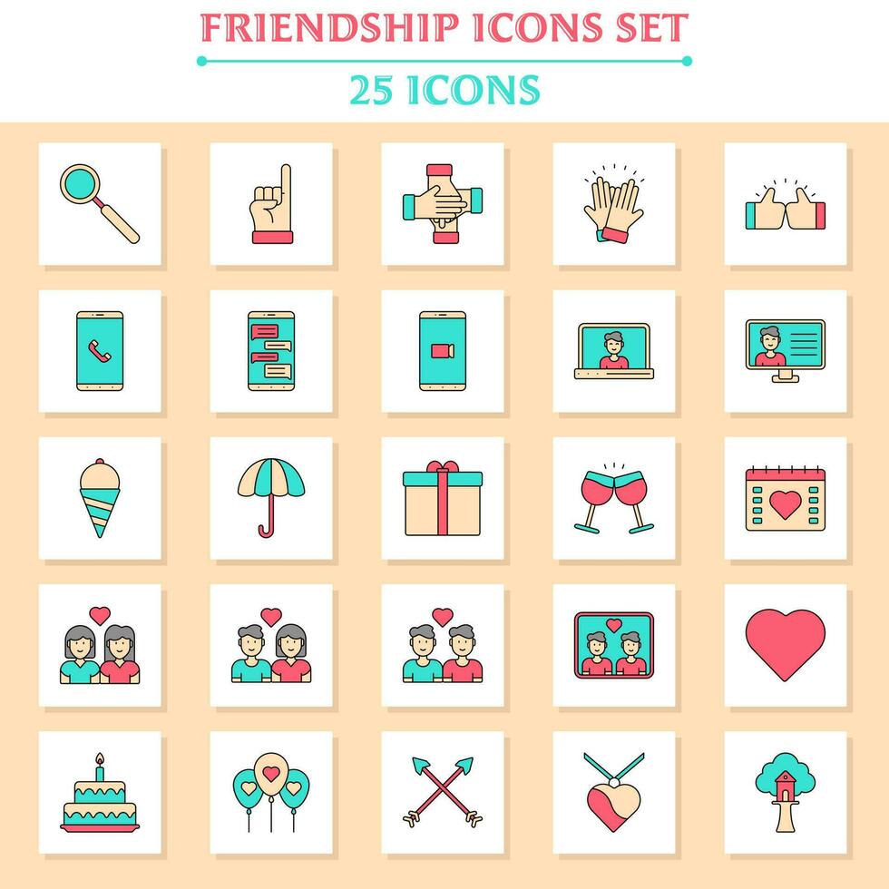 Flat Style 25 Friendship Icon Set On White And Yellow Square Background. vector