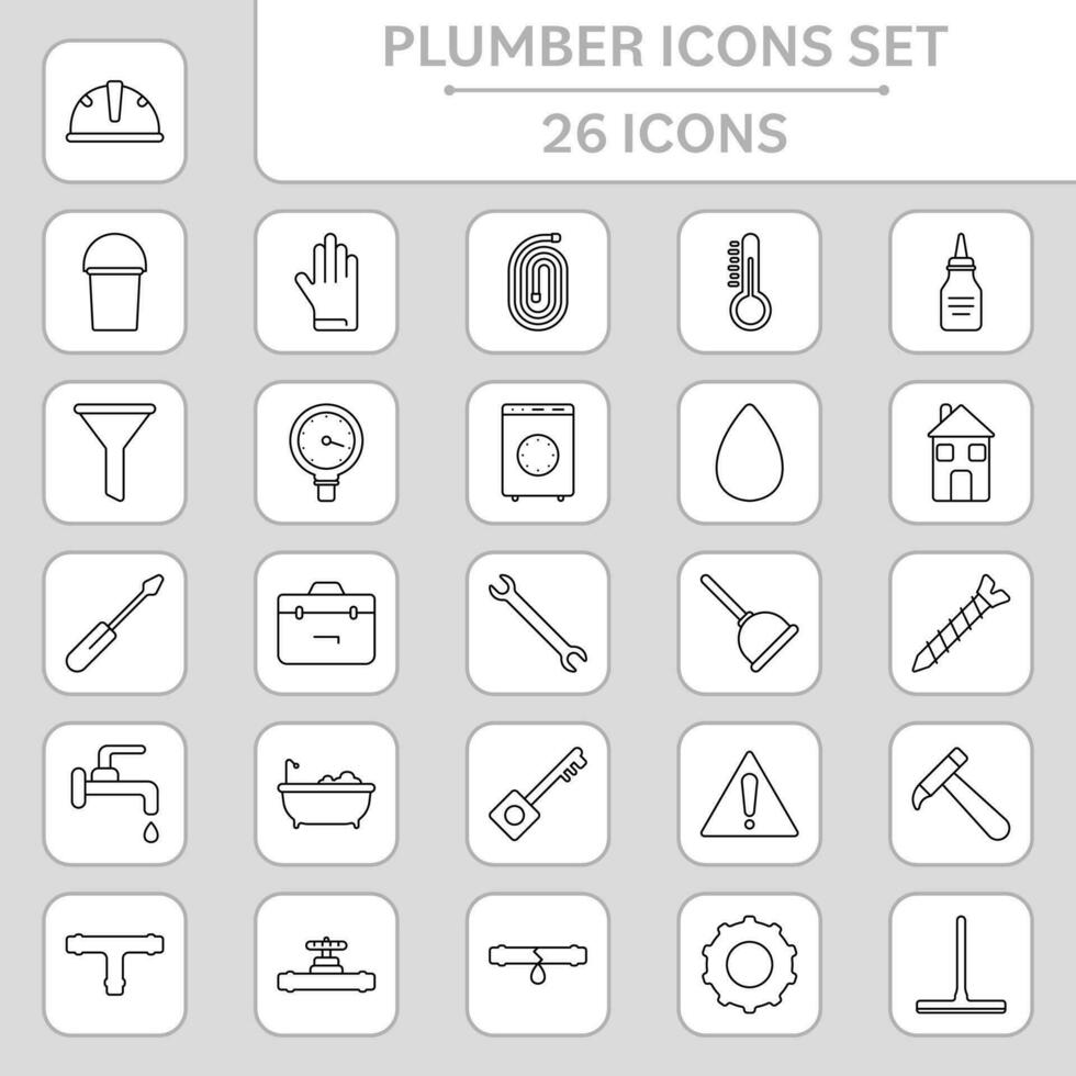 Black Linear Style Plumber Icons On White And Grey Square Background. vector