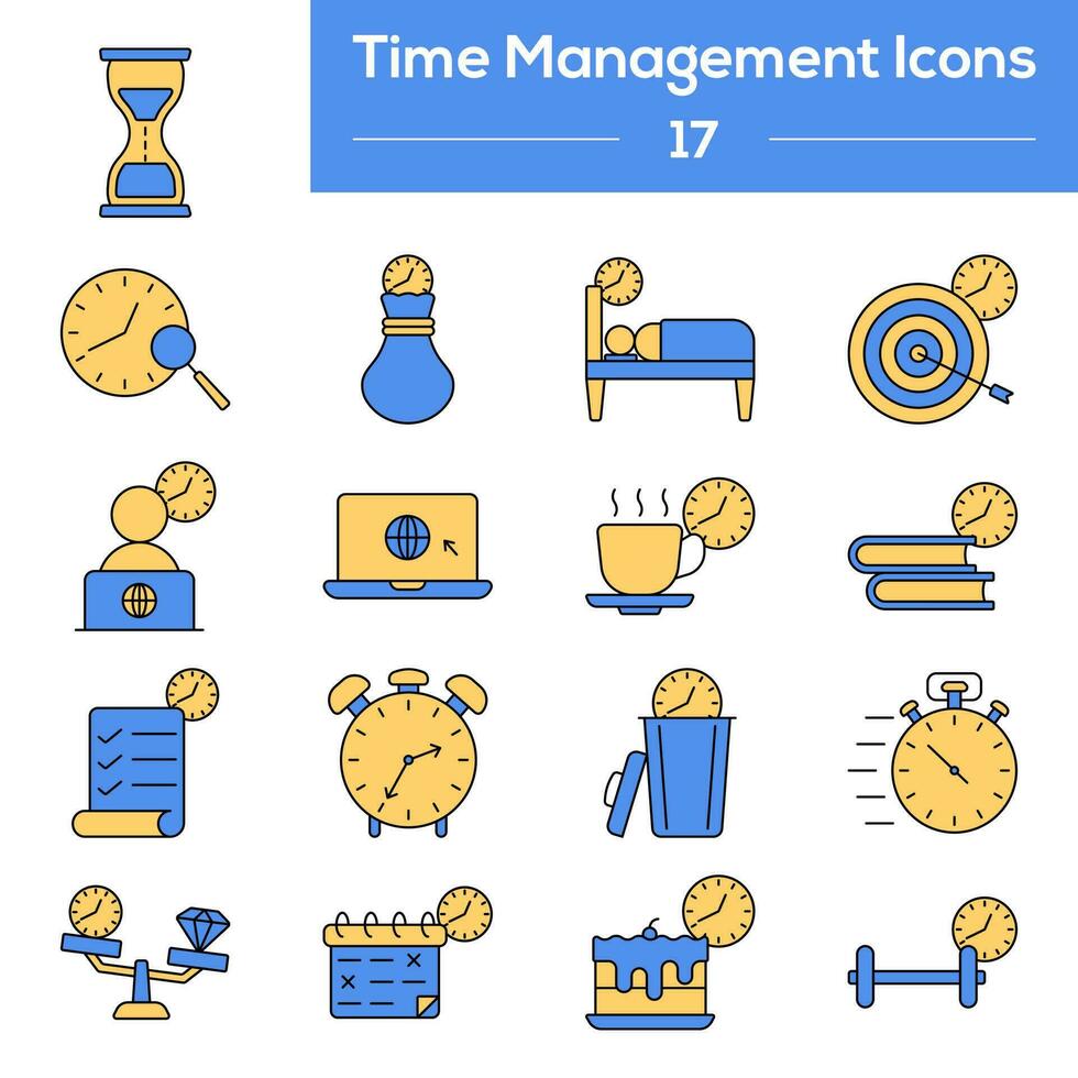 azul y amarillo color conjunto de hora administración icono en plano estilo. vector