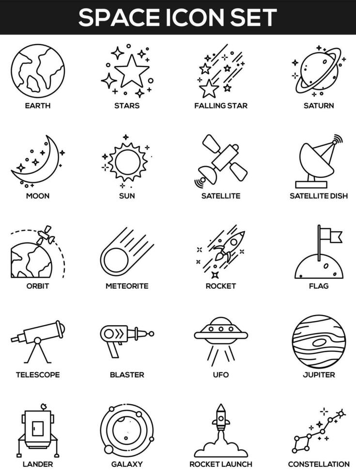 Black Outline Space Icon Set on White Background. vector