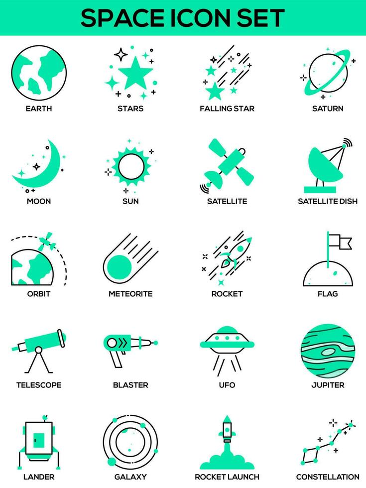 Green and Black Space Icon Set on White Background. vector