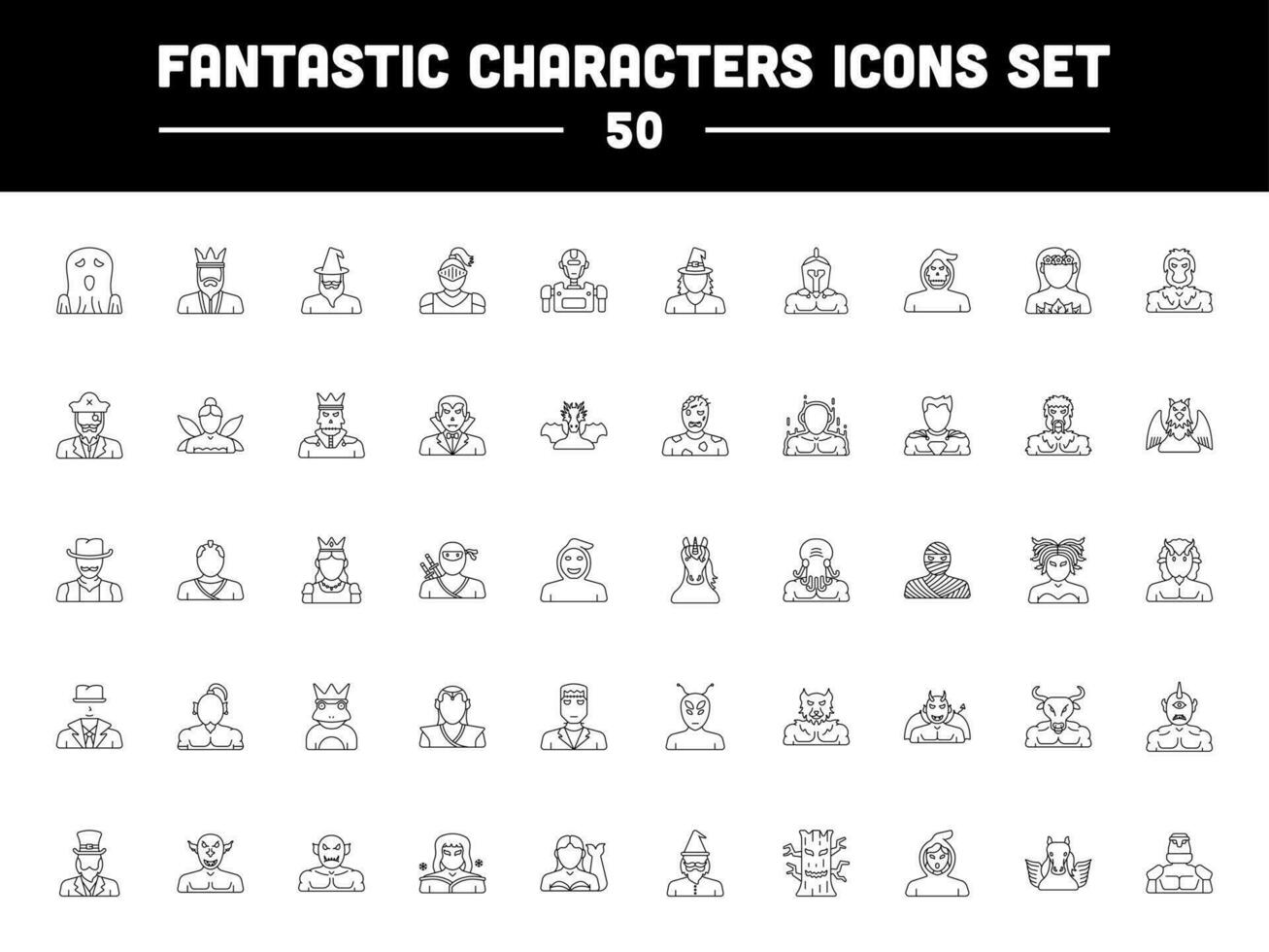 50 Fantastic Character Black Thin Line Art Icon Set vector
