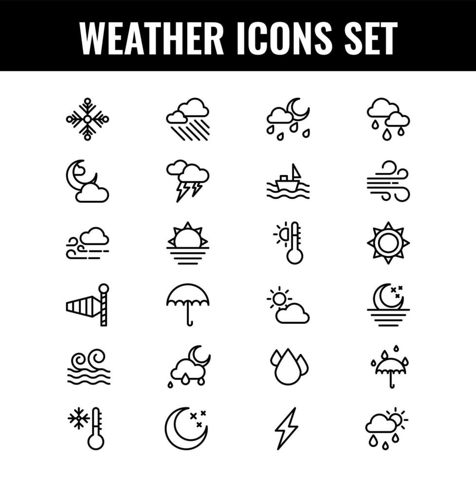 Black Outline Weather Icon Set on White Background. vector