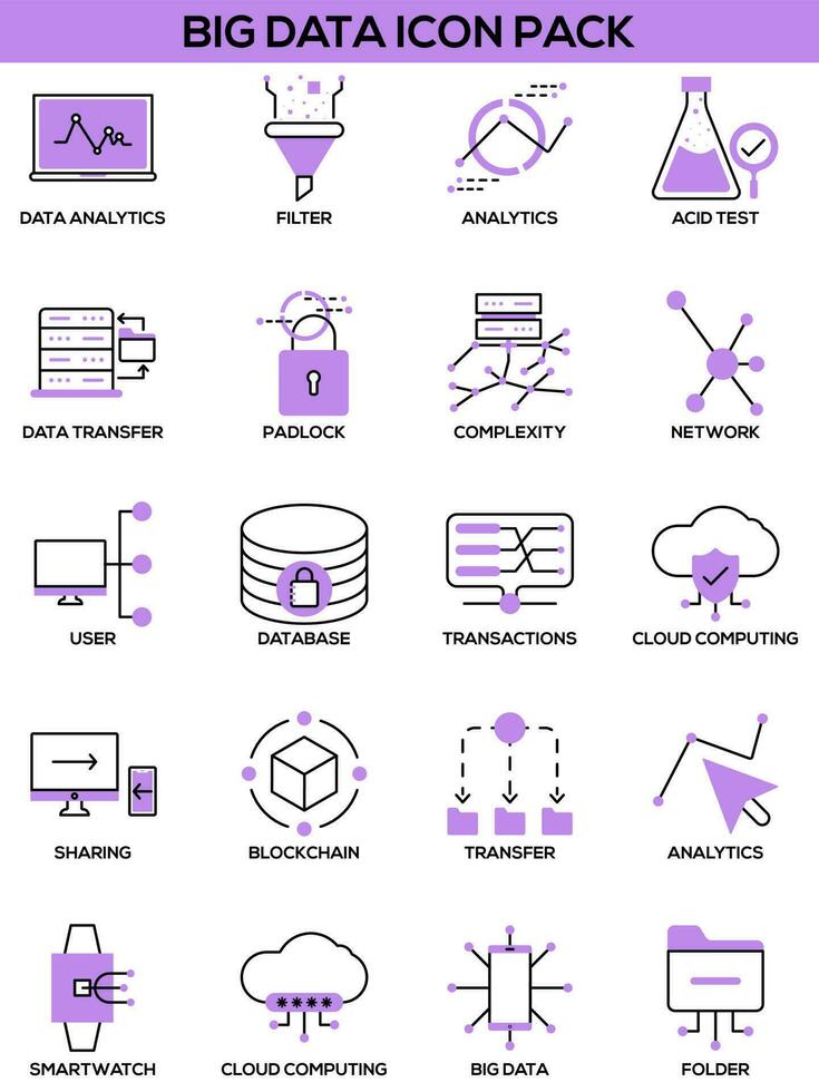 Purple and Black Big Data Icon Pack on White Background. vector