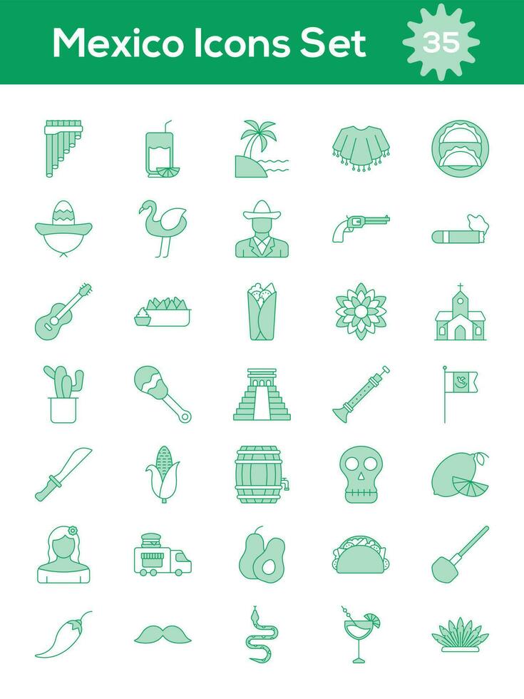Set Of Mexico Flat Icon Or Symbol In Green And White Color. vector