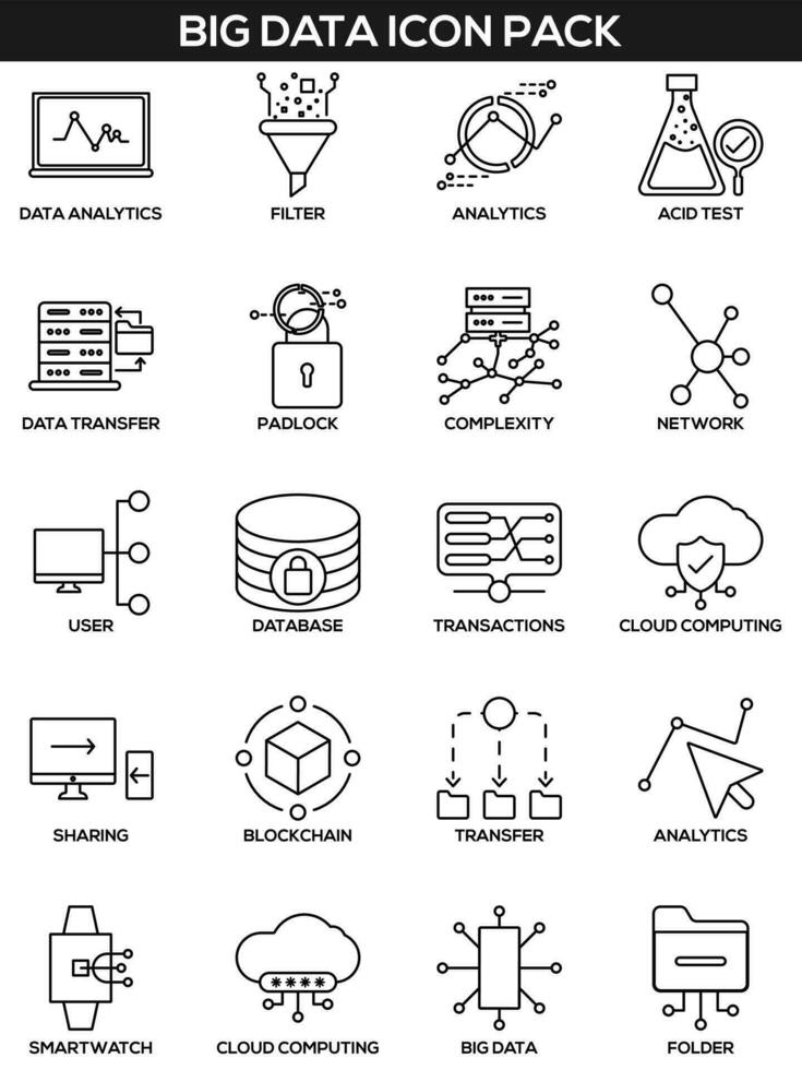 Black Line Art Illustration of Big Data Icon Pack. vector