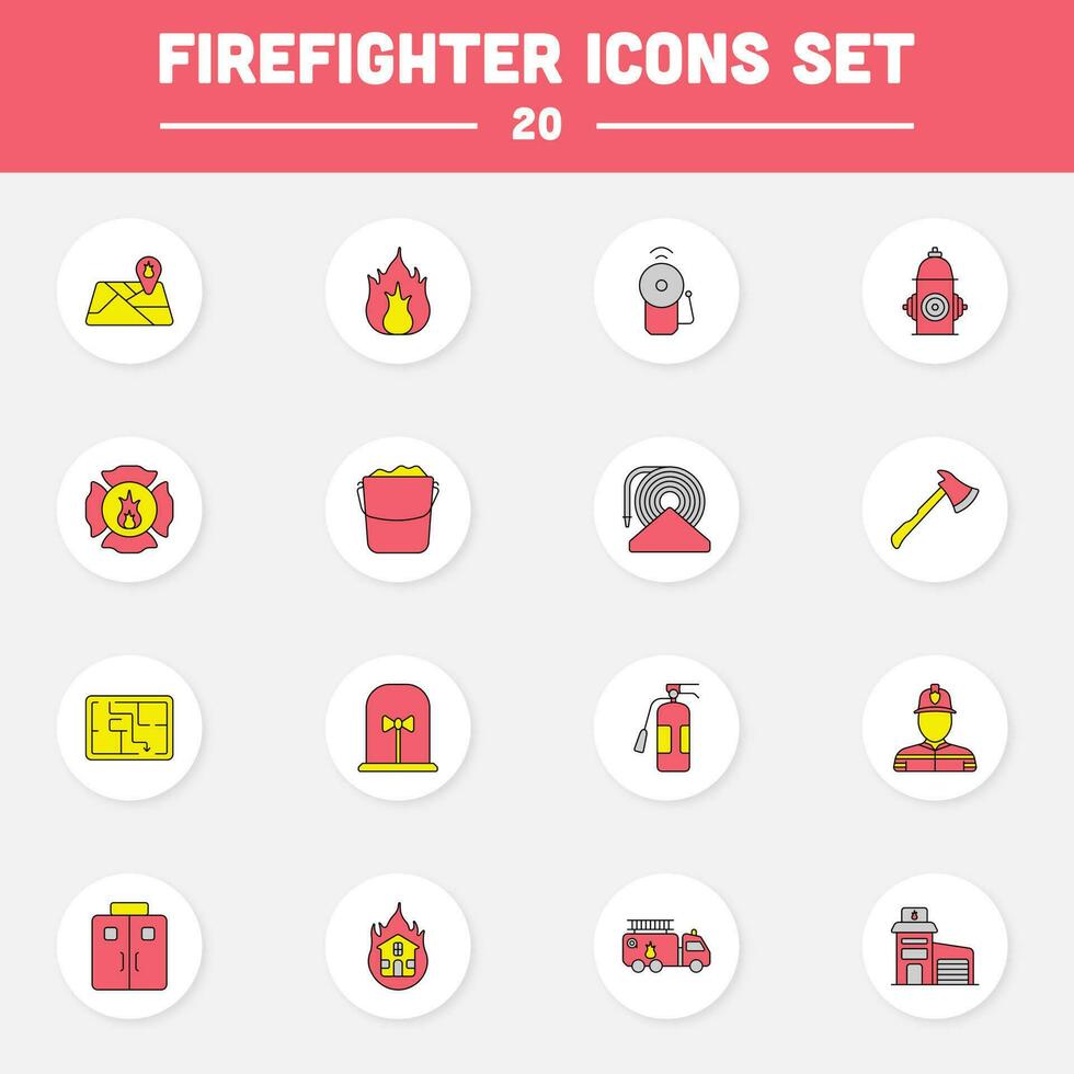 Red And Yellow Color Set Of Firefighter Circle Icon In Flat Style. vector