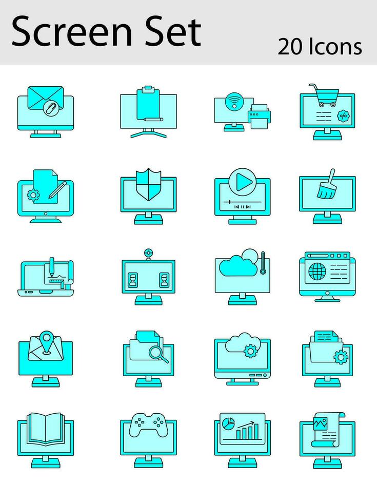 Set Of Screen Icon Or Symbol In Cyan Color. vector