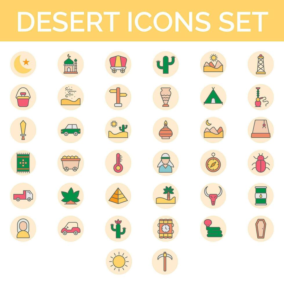 Desierto vistoso icono conjunto en plano estilo. vector