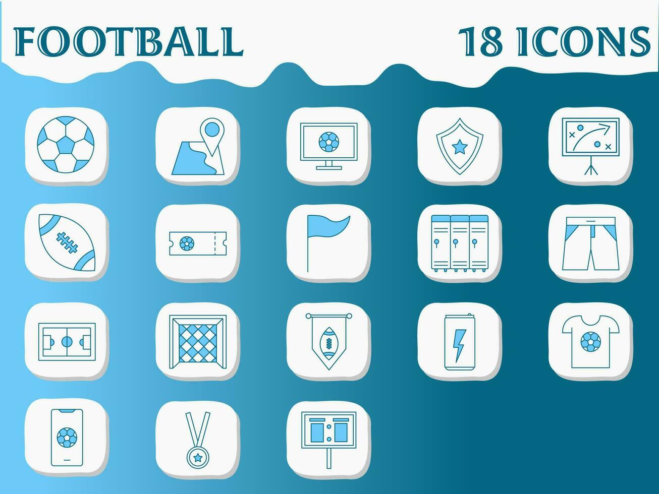 Blue And White Colour Football Icons Set In Flat Style. vector