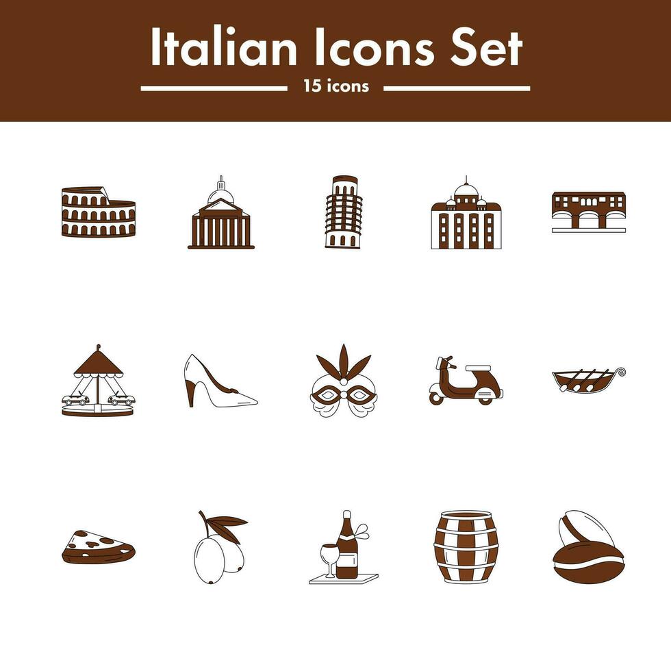 marrón y blanco color conjunto de italiano icono en plano diseño. vector