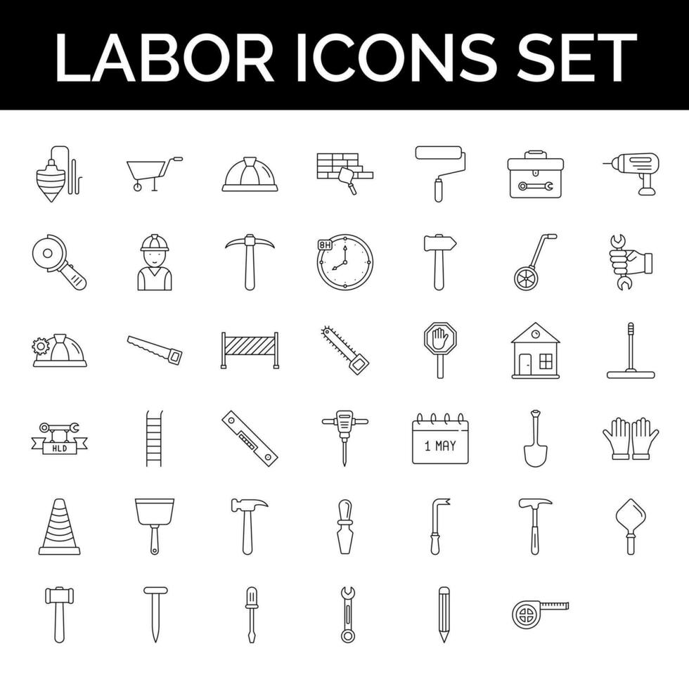 Black Thin Line Labor Icon Set on White Background. vector