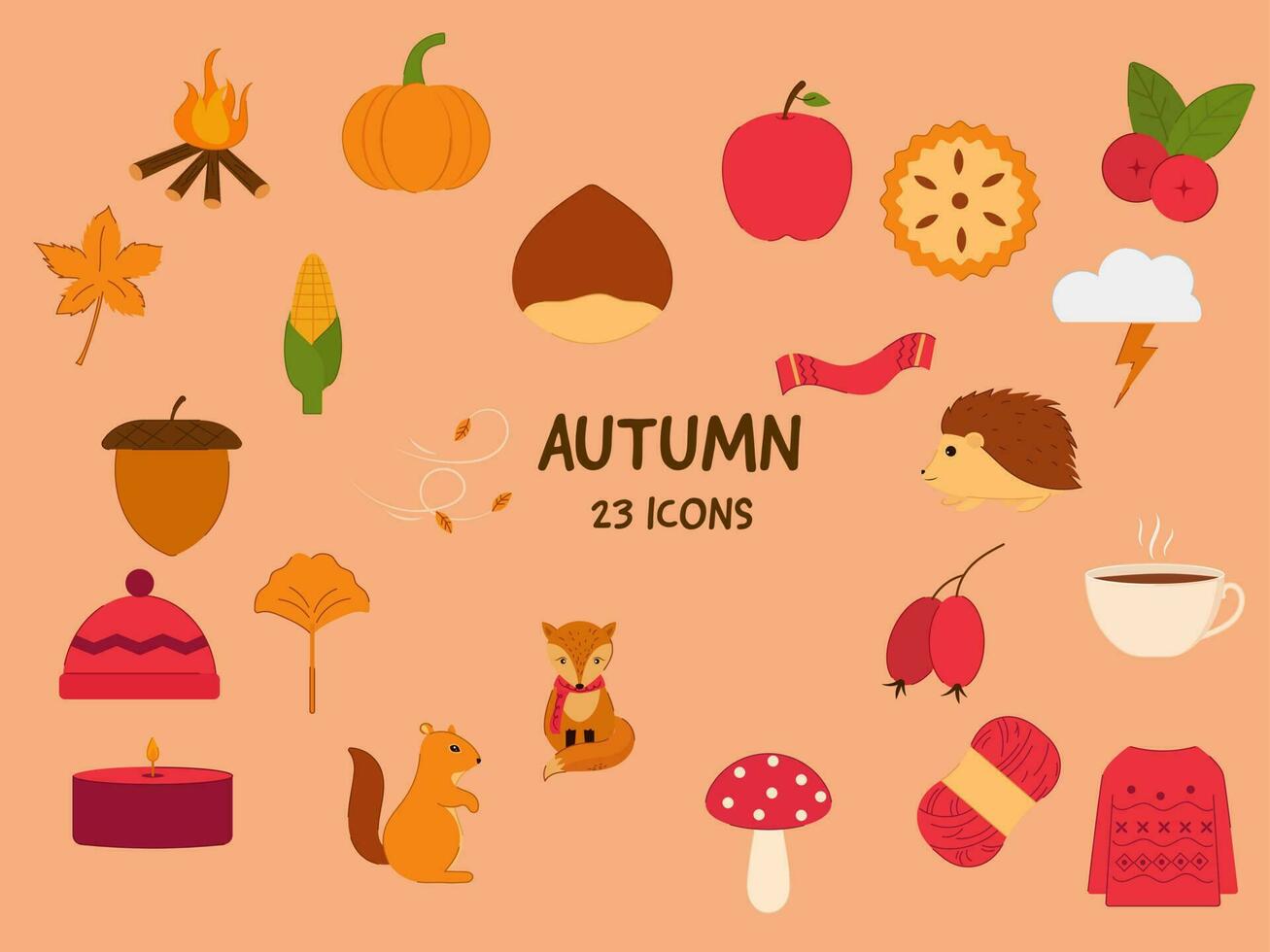 Set Of 23 Autumn Icon Or Symbol On Peach Background. vector