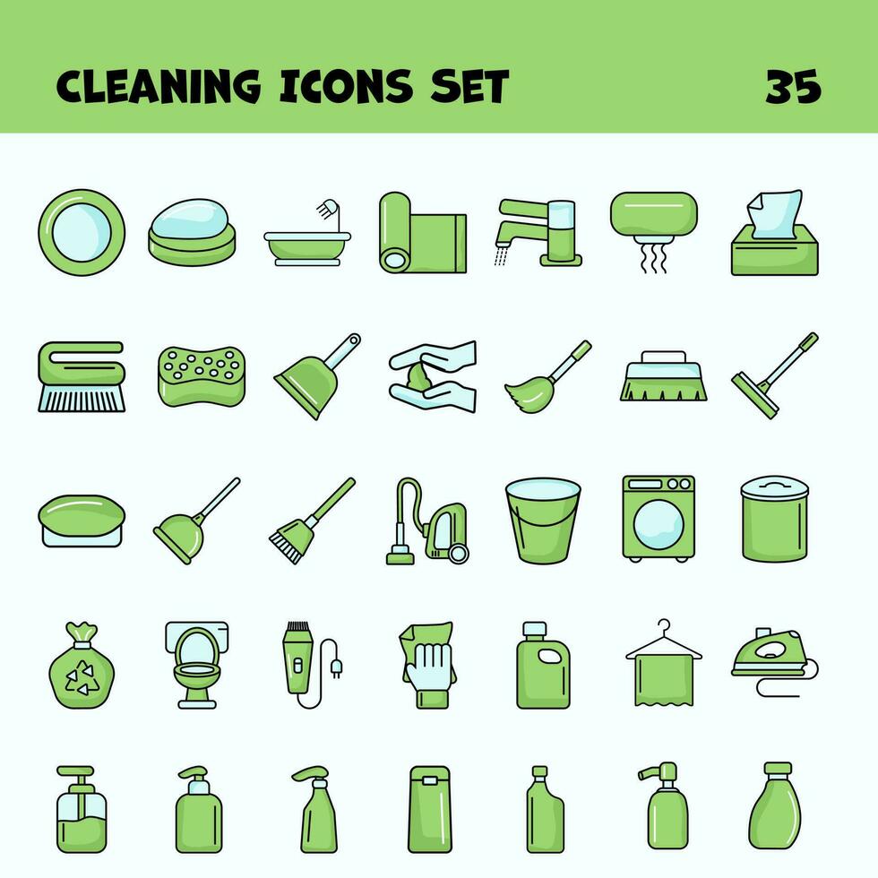 Green And Blue Color Set Of Cleaning Icons Set In Flat Style. vector