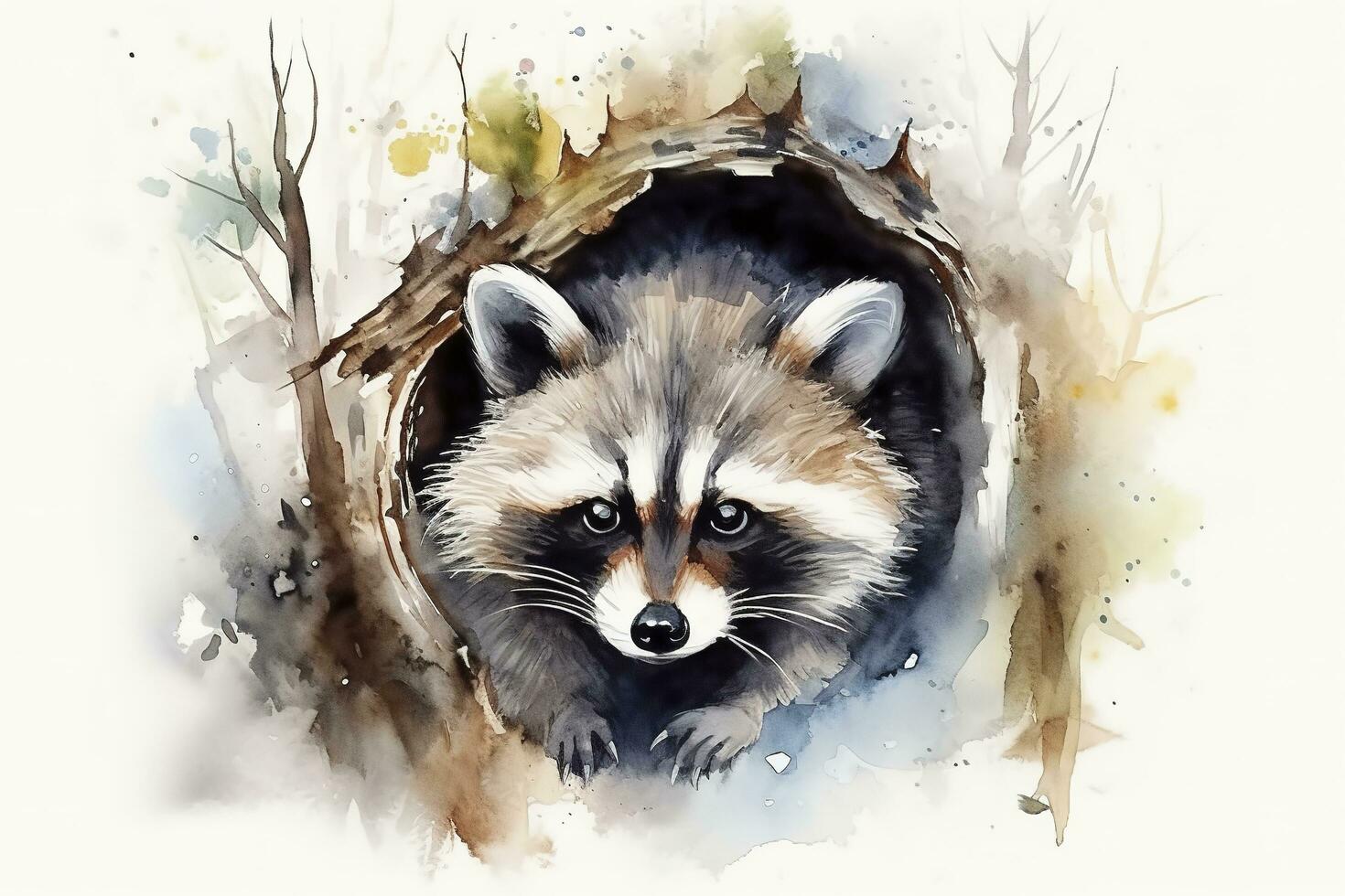 Paint a curious raccoon peeking out of a tree hollow watercolor painting, beautiful natural forms, crisp clean shapes, colorful, white background, generate ai photo