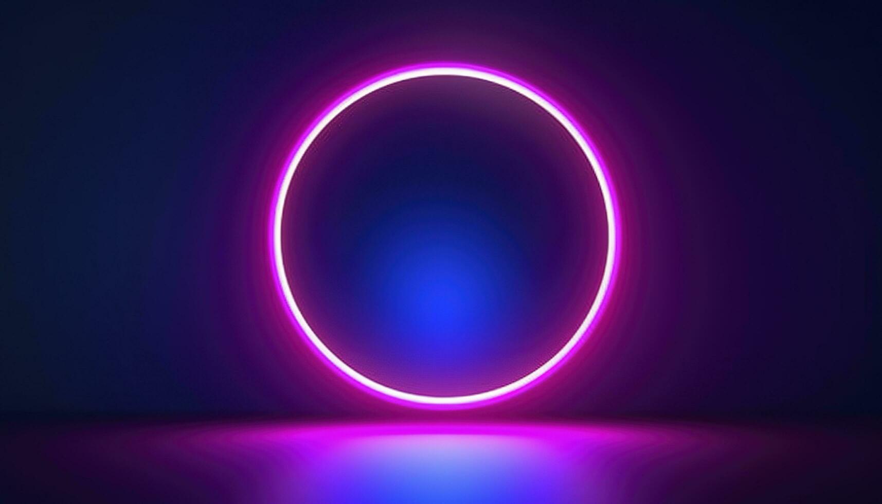 3d render, blue pink neon round frame, circle, ring shape, empty space, ultraviolet light, 80s retro style, fashion show stage, abstract background, generate ai photo