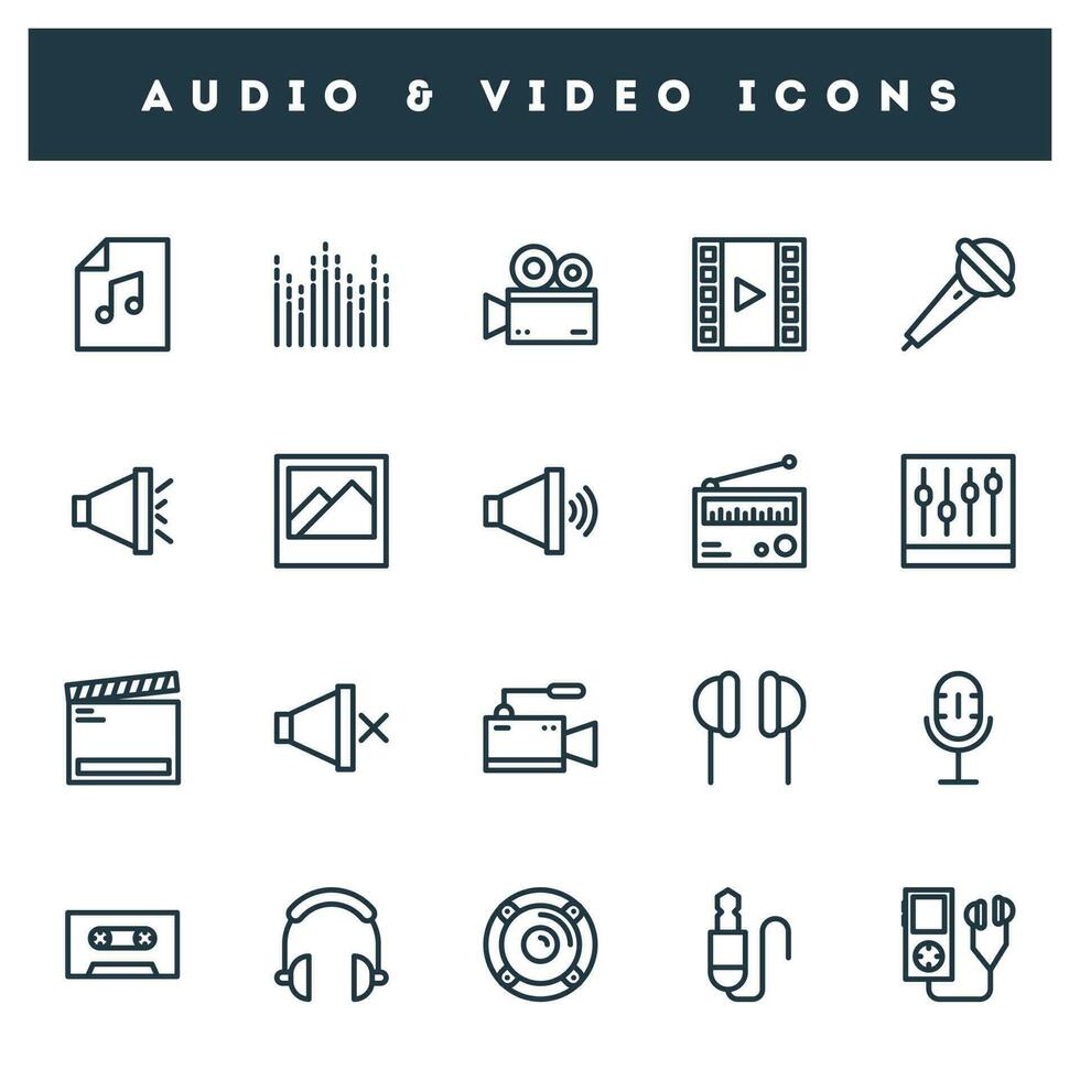 20 audio y vídeo icono conjunto en línea Arte. vector