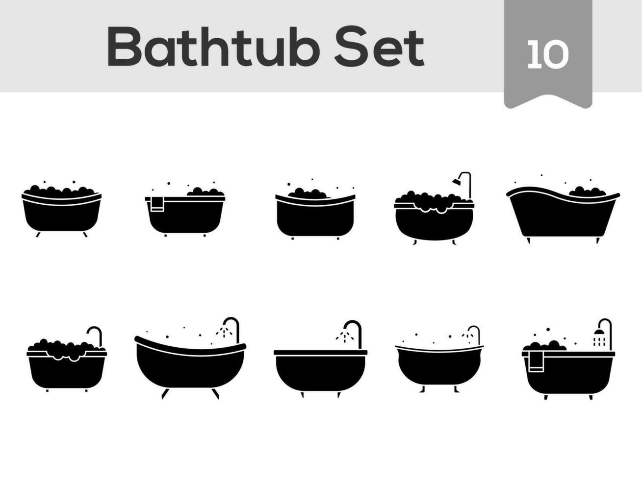 black and white Illustration Of Bathtub Icon Set On White Background. vector