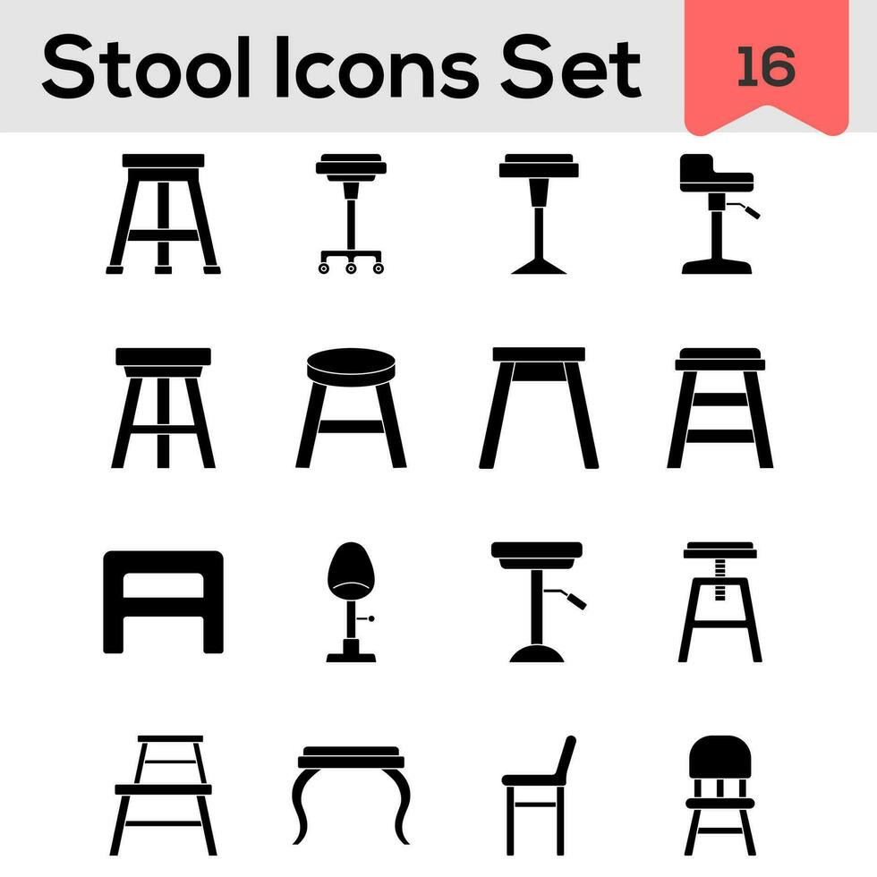 Set Of Stool And Chair Icon In Glyph Style. vector