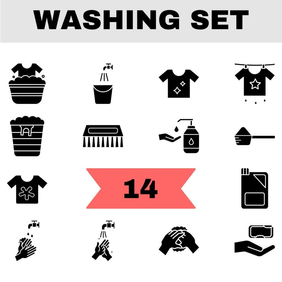 black and white Illustration Of Washing Icon Set In Flat Style. vector