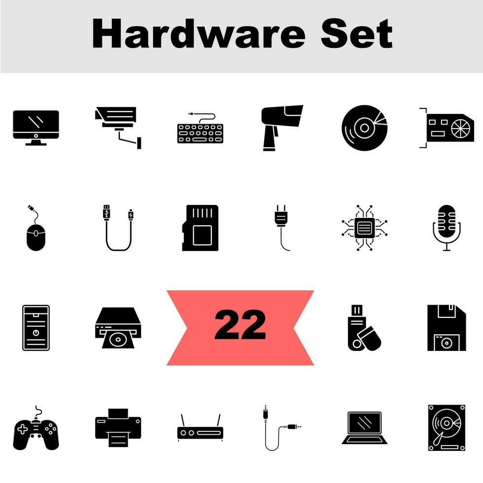 black and white Illustration Of Hardware Icon Set. vector