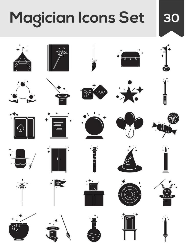 Glyph Style Magician Icon Set On White Background. vector