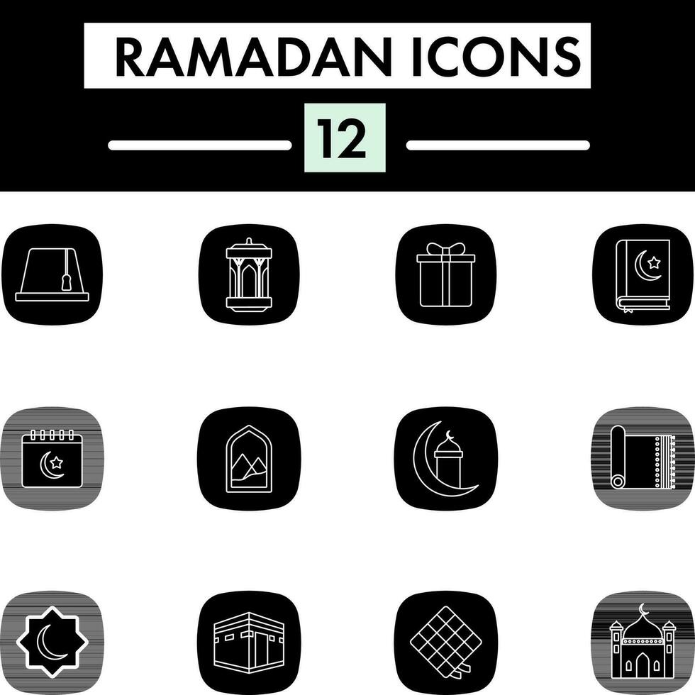 Flat Style Set of Ramadan Icon In black and white Color. vector