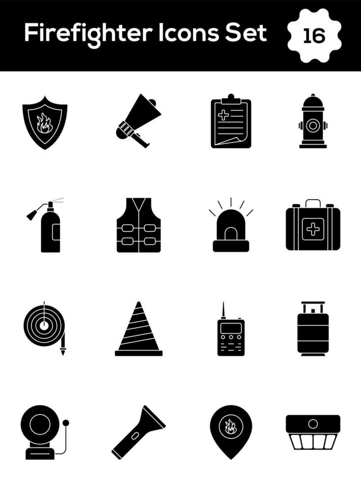 black and white Color Set of Firefighter Icon In Flat Style. vector