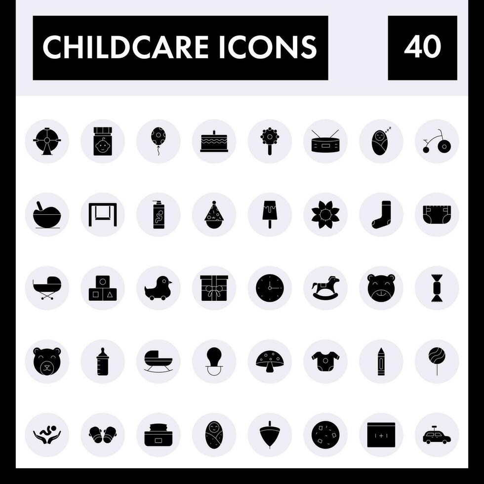 black and white Color Set of Childcare Icon In Flat Style. vector