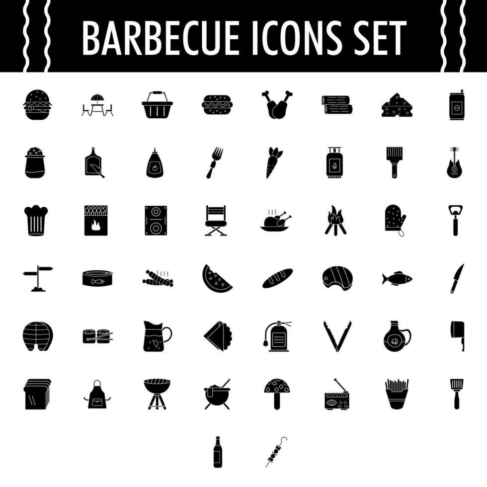 black and white Illustration of Barbecue Icon Set on White Background. vector