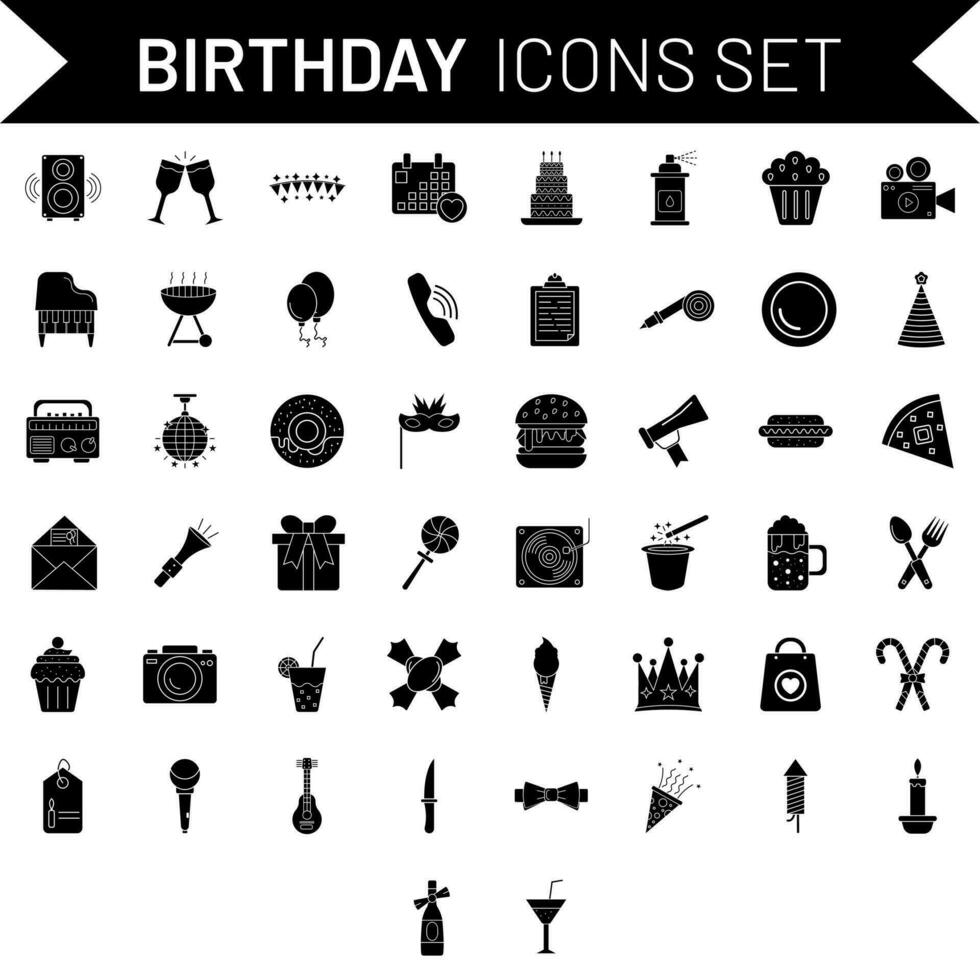 black and white Illustration of Birthday Icon Set on White Background. vector