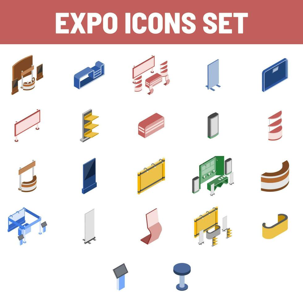 Different colorful platforms exhibition stand Expo icon set in 3d style. vector