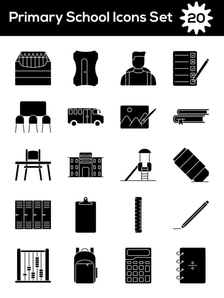 Flat Style Primary School Glyph Or black and white Icon Set. vector