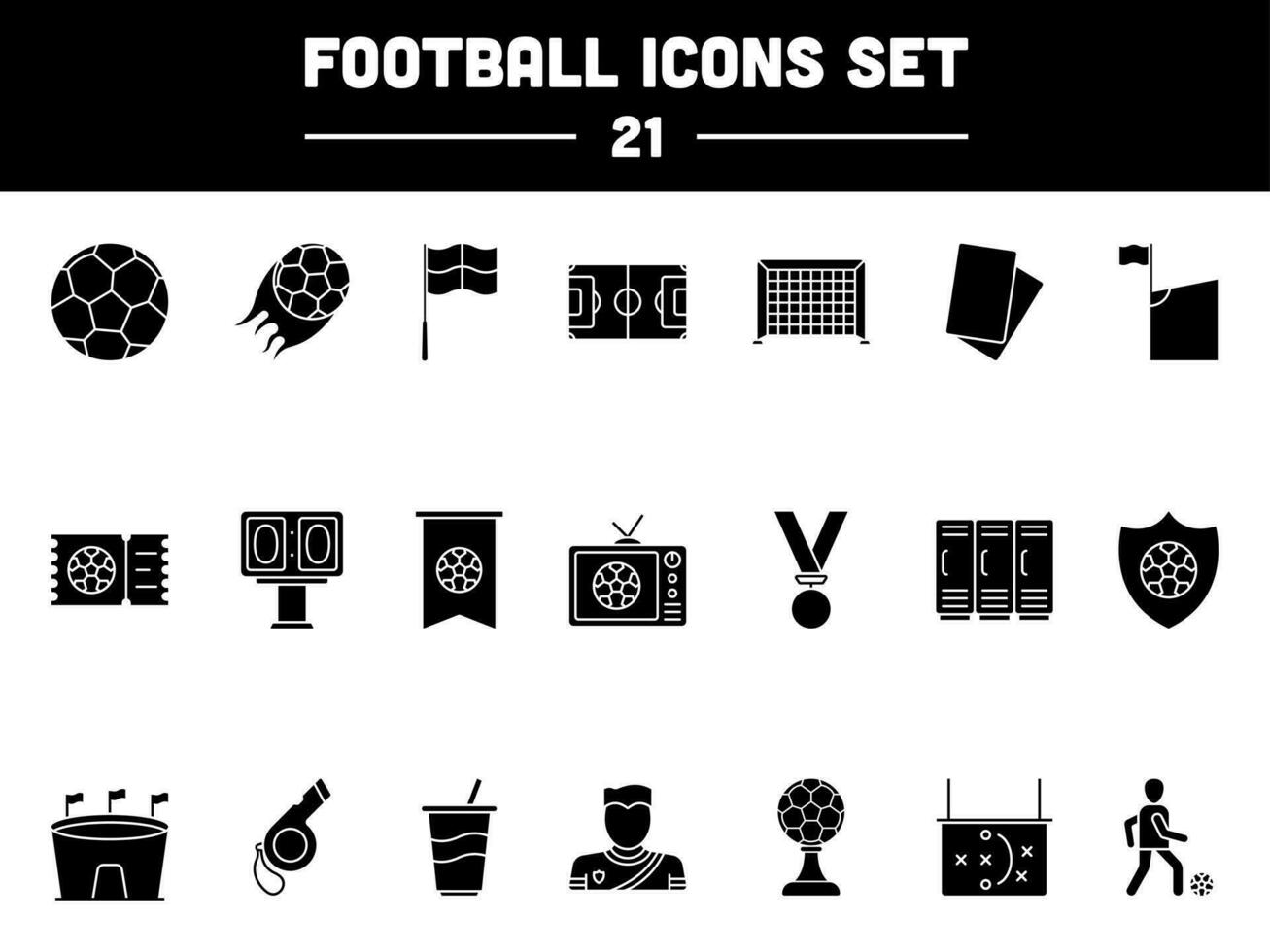 21 Football Icon Set In Glyph Style. vector