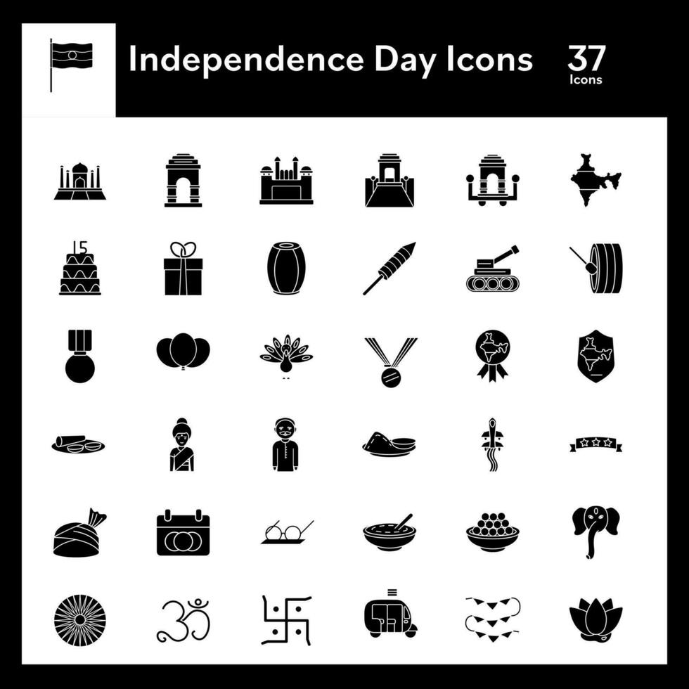 black and white Color Set of Independence Day Icon In Flat Style. vector
