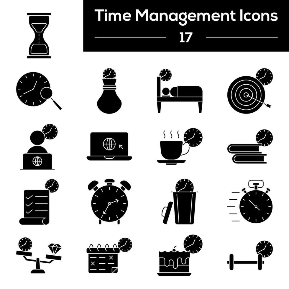 black and white Color Set of Time Management Icon In Flat Style. vector